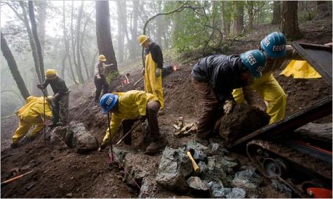 A California Conservation Corps crew repaired trails in Mount Tamalpais State Park. The corps employs 1,300 young adults. Heidi Schumann for The New York Times