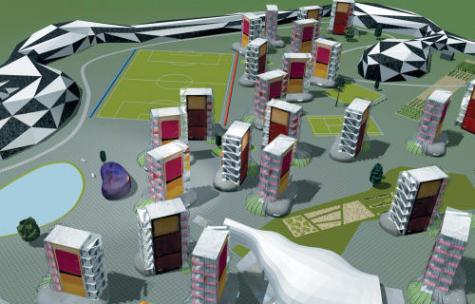 A rendering of Will Alsop’s new corrections landscape, developed in collaboration with prisoners, resembles a cross between Communist-era housing blocs and a series of South Beach condos. Courtesy Alsop Architects