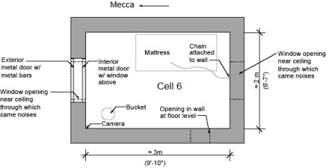Rendering of Mohamed Farag Ahmad Bashmilah's first cell in Afghanistan (based on Bashmilah's own drawings). Courtesy of Salon.com