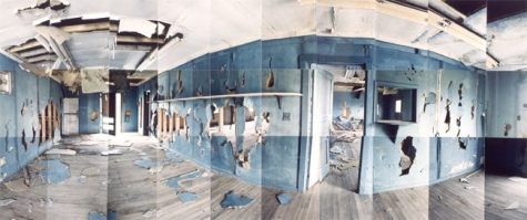 Heart Mountain Relocation Camp, Blue Room, Park, Wyoming © Masumi Hayashi. Panoramic photo collage with Fuji Crystal Archive prints, 1995. Size: 23" x 45" Heart Mountain Relocation Camp, Blue Room, Park, Wyoming © Masumi Hayashi. Panoramic photo collage with Fuji Crystal Archive prints, 1995. Size: 23" x 45"