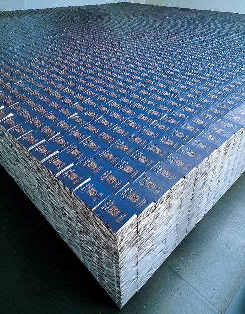 "One Million Finnish Passports", 1995. One million replicated Finnish passports, glass, 800 x 800 x 80 cm. Installation view: Museum of Contemporary Art, Helsinki. Artist: Alfredo Jaar, courtesy Galerie Lelong, New York.