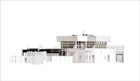 Oregon Gatehouse (its yellow mimicked the shade of rock looming behind as a train went through)  2008, ink and pencil on paper, 30 x 52 in