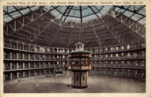 Postcard of an American panopticon: "Interior view of cell house, new Illinois State Penitentiary at Stateville, near Joliet, Ill." Source: Scanned from the postcard collection of Alex Wellerstein. (Copyright expired.)