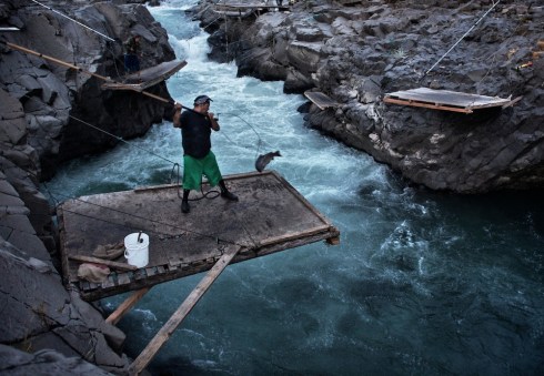 Yakama Indians dip-net salmon on the Klickitat River